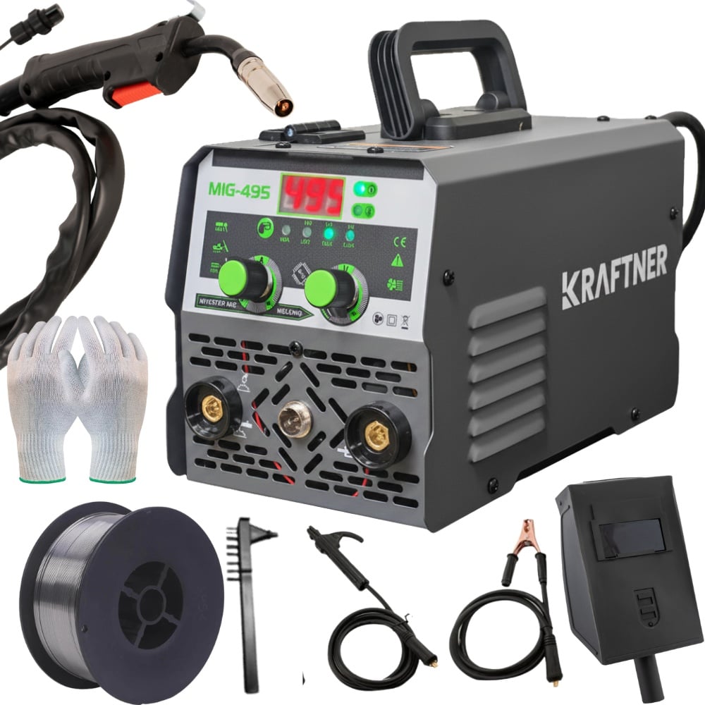 Aparat de sudura invertor sarma fara gaz MIG MMA TIG, 3 IN 1, 495A, sarma de sudura inclusa, manusi protectie, masca cadou KRAFTNER KF-5943