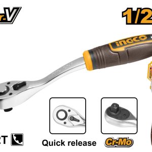 Cheie cu Clichet Tubulare 1/2, 72T, 260mm, Cr-V Industrial, maner pvc Ingco HRTH8412