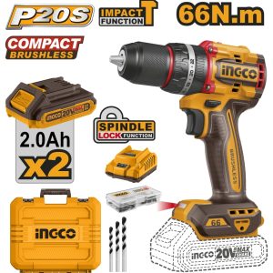 Masina de gaurit Bormasina 20V cu Impact 66Nm cu 2 Acumulator, 30000bpm, fara perii, Ingco CIDLI20668E