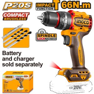 Masina de gaurit Bormasina 20V cu Impact 66Nm Mandrina Metalica, brushless, 2000rpm, fara acumulator Ingco CIDLI206681