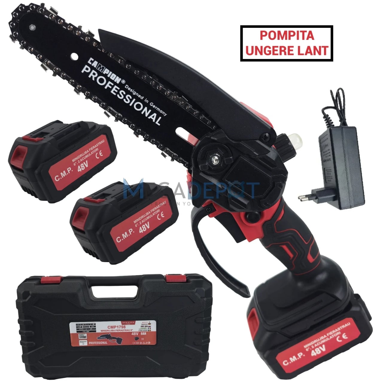 Mini Drujba electrica cu 2 acumulatori 48V, 180cm, ungere lant, valiza transport, Campion CMP1798