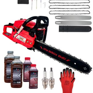 *PACHET* 8.8cp 58cmc Drujba benzina + 3 lanturi + 2 lame + x2 ulei ungere lant 1L + x2 ulei amestec 0.5L + x2 bujii + accesorii + manusi protectie CRAFT-TEC GERMANY, Super Power Plus *RED edition