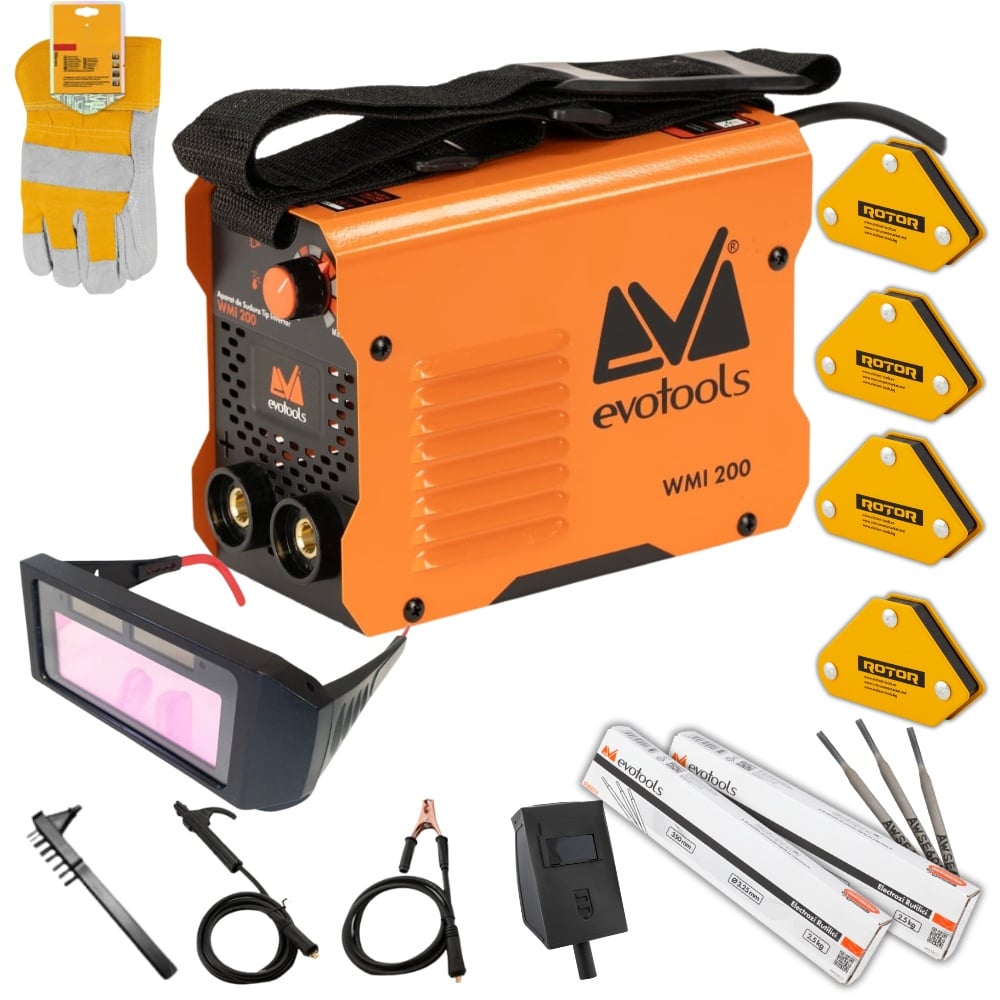 *PACHET* Aparat de Sudura Tip Invertor WMI 200, anti-stick, 2.8kg, 2.5-3.2mm, + x2 pachet electrozi + ochelari sudura automati, manusi palmare din piele, set 4 magneti