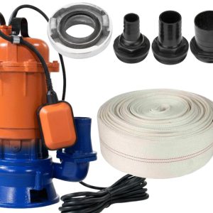 *PACHET* Pompa apa 3000W submersibila cu tocator, 25.000 l/h, 2900rpm, plutitor, racord 2'' toli, + 3 conectori apa si FURTUN POMPIERI 20M CMP1427