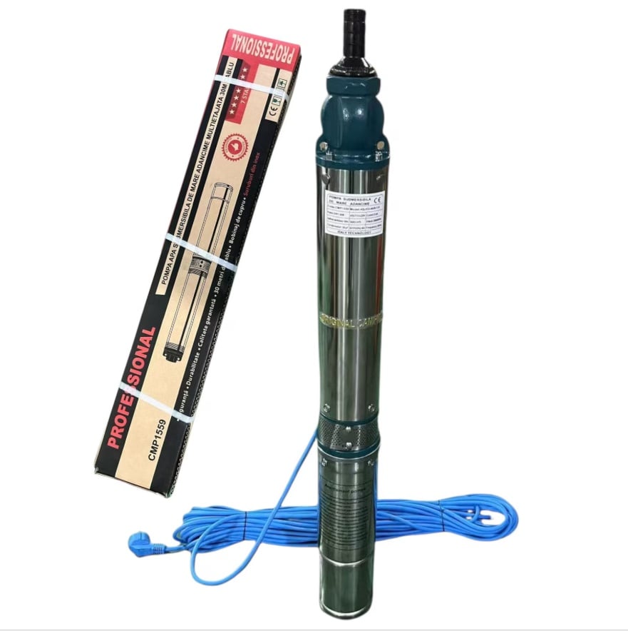 Pompa submersibila de adancime multietajata CAMPIONÂ® CMP1559, 8 turbine, 1500W, 230V, debit 6600 l/h, Hmax 58m, adancime max 30m, IP68, cablu 25m, inox, diametru 100mm, racord 1", apa curata