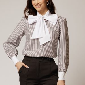 Bluza alba cu dungi negre din poplin cu esarfa tip funda la gat