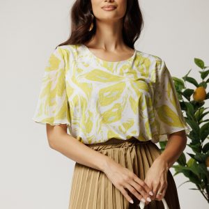 Bluza alba cu imprimeuri verde lime din lycra si maneci din voal