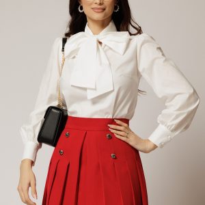 Bluza alba din poplin cu esarfa tip funda la gat