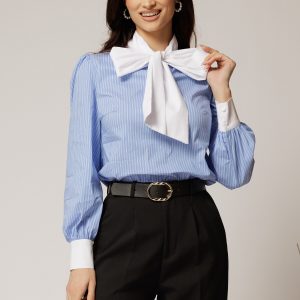 Bluza albastra cu dungi albe din poplin cu esarfa tip funda la gat