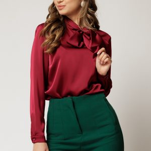 Bluza bordo din satin eleganta cu funda la decolteu