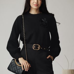 Bluza DY Fashion casual din jerse neagra cu floare din organza