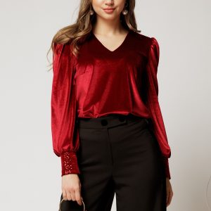 Bluza DY Fashion din catifea bordo cu mansete din paiete si decolteu in V