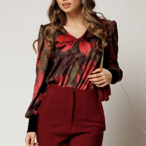 Bluza DY Fashion din catifea cu imprimeu rosu si decolteu in V