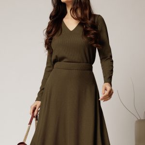 Bluza DY Fashion din tricot kaki cu decolteu in V