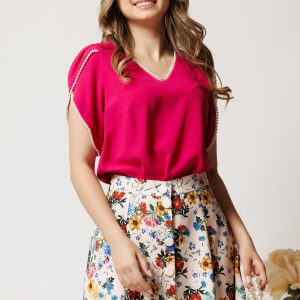 Bluza DY Fashion fucsia din voal cu perlute si maneci lalea