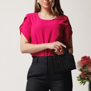 Bluza DY Fashion fucsia lejera din voal cu perle la decolteu