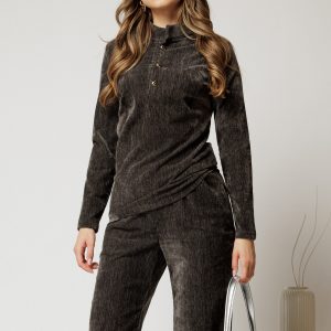 Bluza DY Fashion gri din catifea velurata cu nasturi la bust
