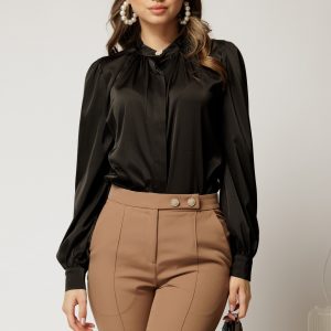 Bluza DY Fashion neagra din satin cu guler tunica si nasture elegant