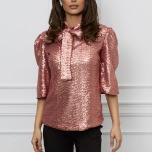 Bluza Dy Fashion rose din paiete cu funda la guler