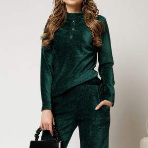 Bluza DY Fashion verde din catifea velurata cu nasturi la bust