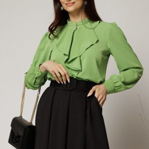 Bluza DY Fashion verde fistic cu volanas maxi la decolteu din voal plin