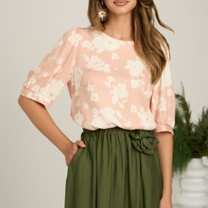 Bluza roz cu flori din viscoza cu croi drept