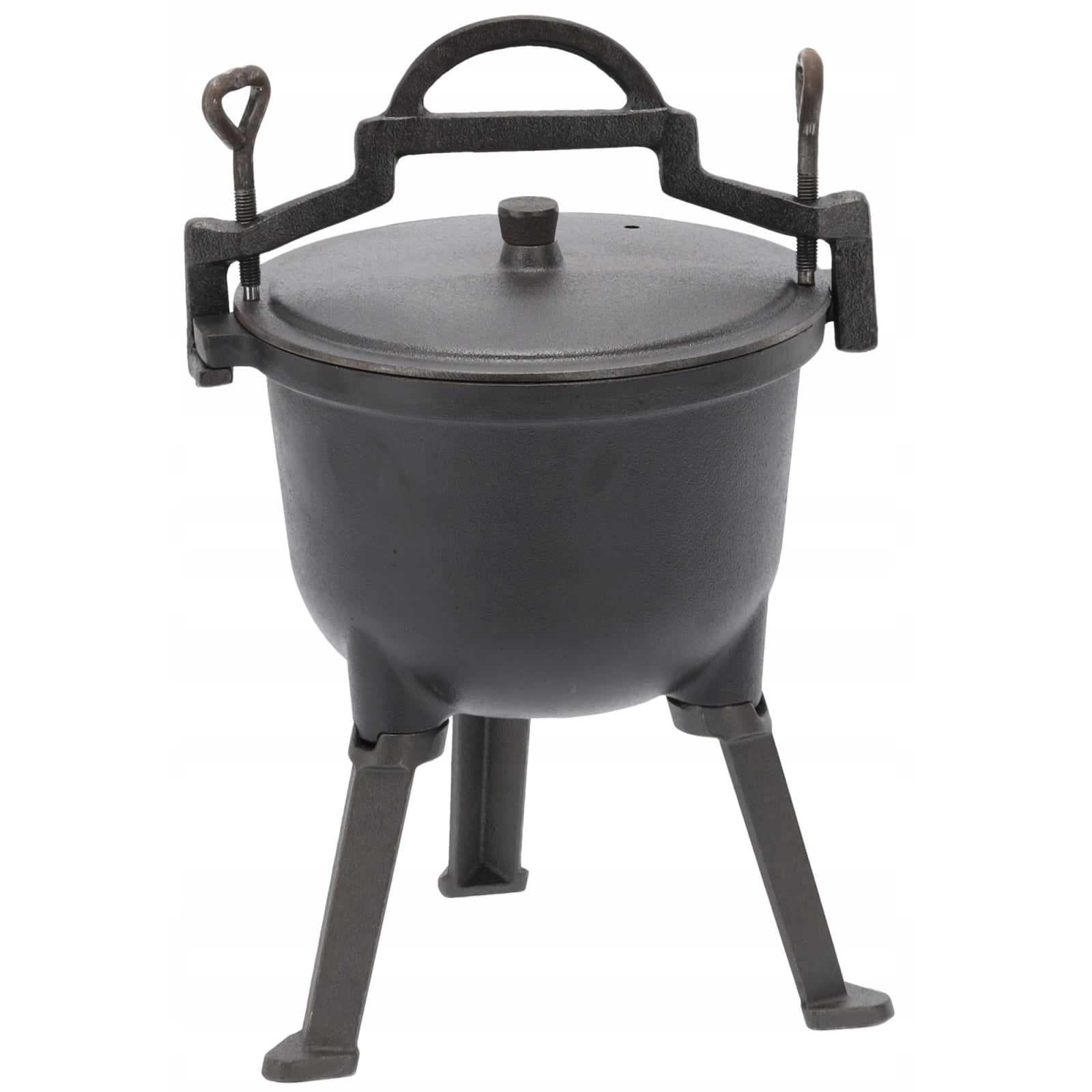 Ceaun vanatoresc din fonta, cu capac si picioare pentru gatit in aer liber, 5L, 25x42 cm, negru