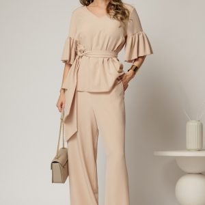 Compleu DY Fashion bej de zi din bluza si pantalon cu adaos de viscoza si croi lejer