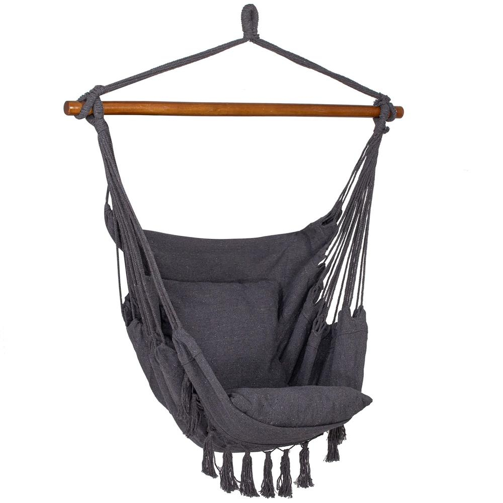Hamac leagan suspendat bumbac perne incluse franjuri, 130x100 cm, maxim 150 kg, gri inchis