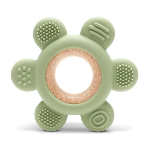 Jucarie de dentitie Lorelli Flower, din silicon si lemn de fag, 0 luni+,  Verde