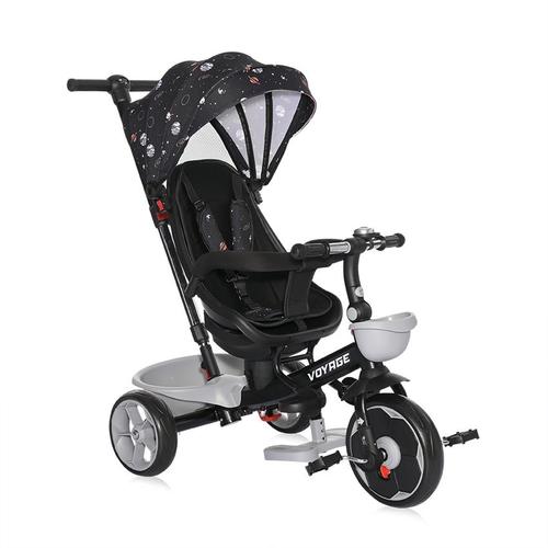 Tricicleta pentru copii Lorelli Voyage, Otel, cu sezut reversibil, centura siguranta, maner control parental, roti spuma EVA, 1-5 Ani, Negru
