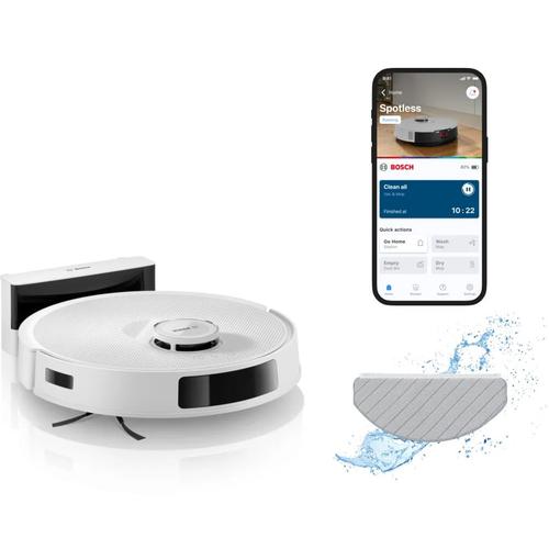 Robot de aspirare BOSCH BCRC2W, Aspirare&Spalare, Statie de incarcare, 11000 PA, Navigare 360° LiDAR, Funcție Reduced Tangling, Recipient praf 0.4 L, Home Connect (Alb)