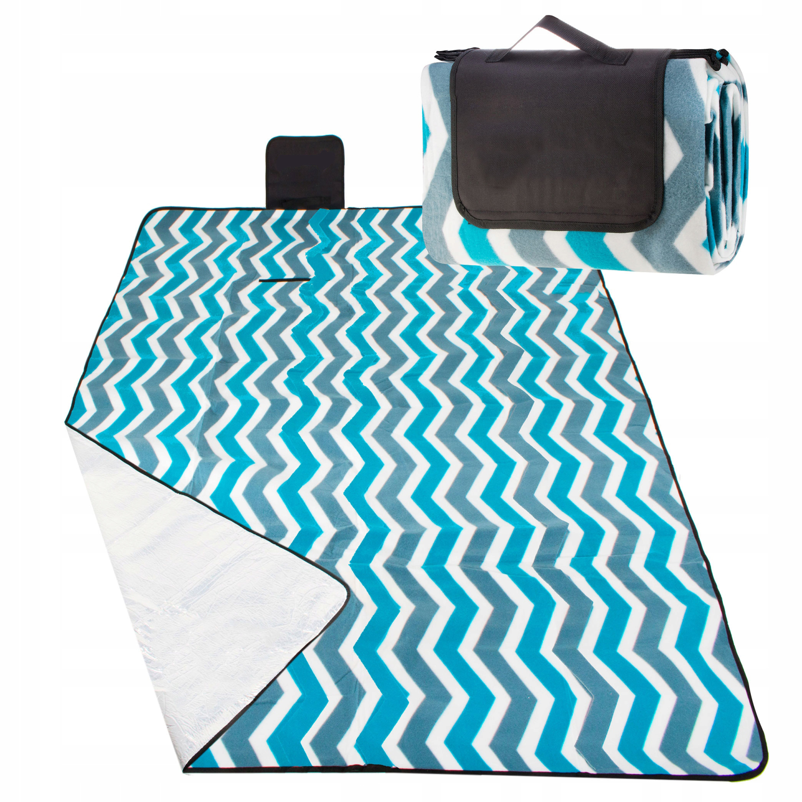 Patura picnic plaja folie izolatoare maner transport, 160x200 cm, impermeabila, alb albastru
