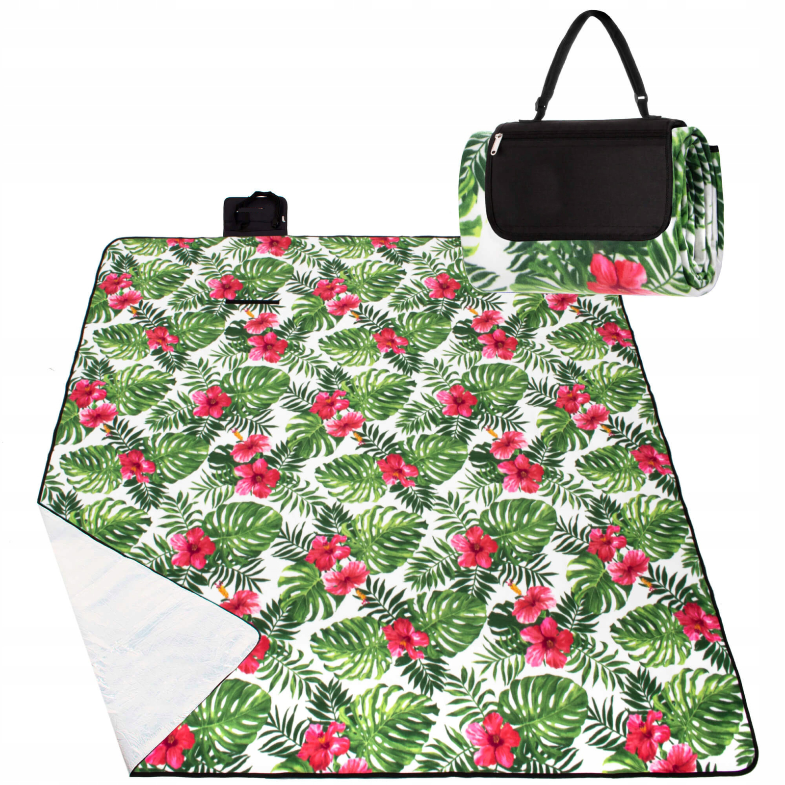 Patura pentru picnic sau plaja, cu folie izolatoare si maner, 200x200cm, floral