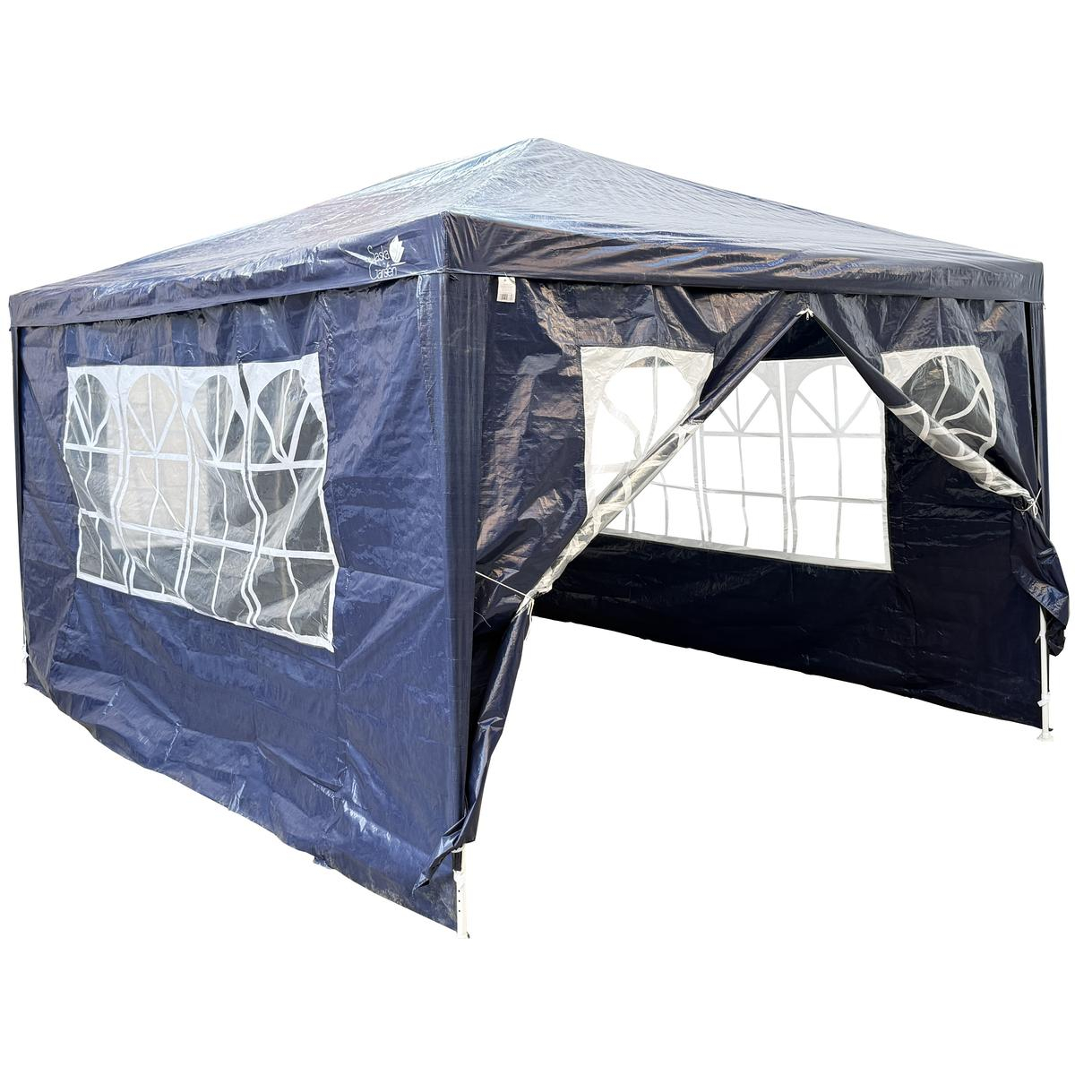Pavilion gradina 4 pereti ferestre structura metalica, 300x400x250 cm, spatios, albastru