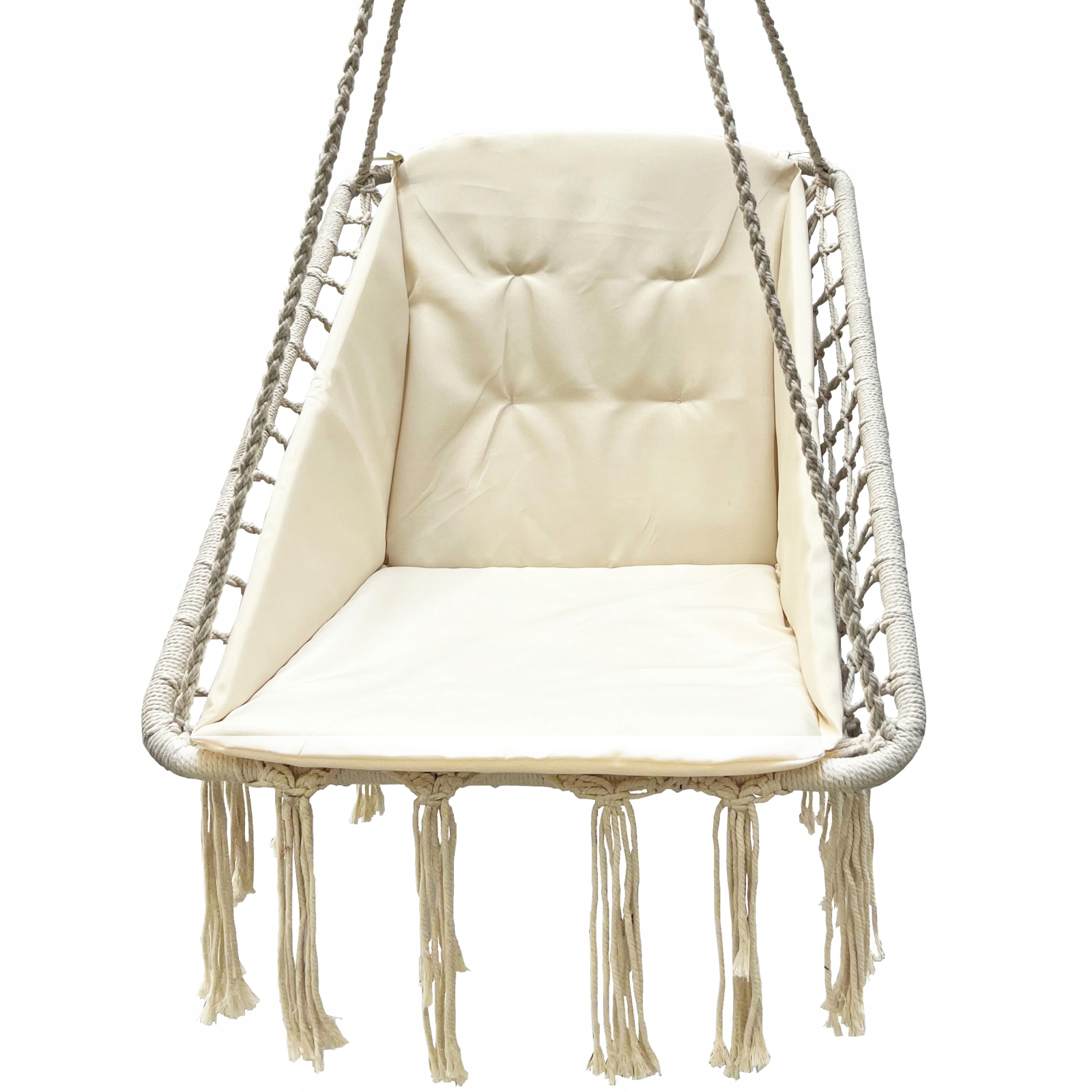 Scaun patrat tip leagan suspendat perna casa gradina, 60x65x115 cm, confort sporit, bej