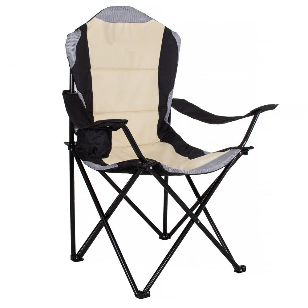 Scaun pliabil camping pescuit premium suport pahar poliester, maxim 120 kg, crem negru