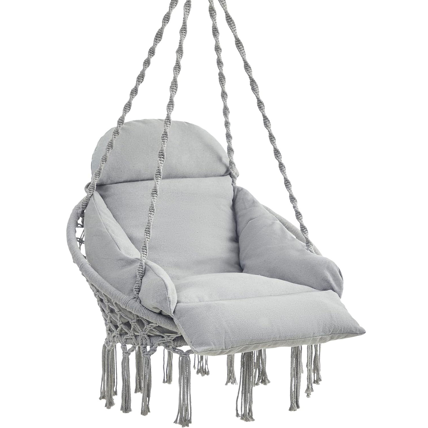 Scaun rotund tip leagan suspendat cu perna, stil boho ciucuri, franghie impletita, max 120 kg, L60 cm, gri