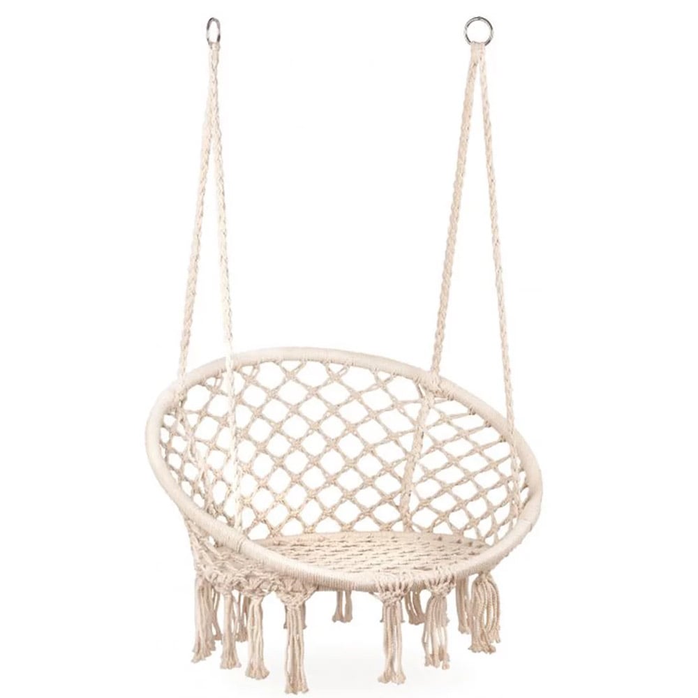 Scaun rotund tip leagan suspendat pentru casa sau gradina, cu franjuri, 150kg, crem