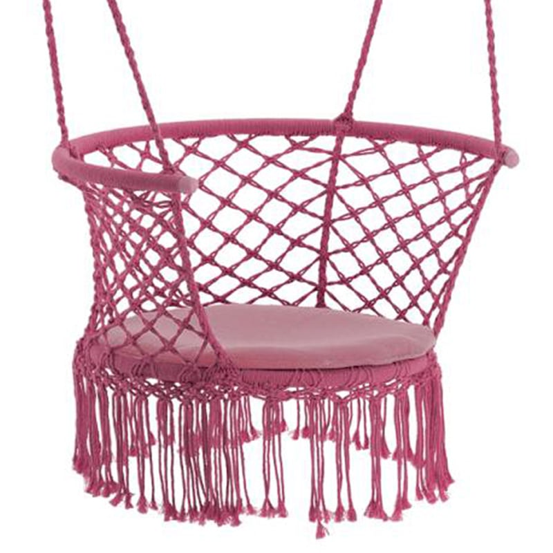 Scaun rotund tip leagan suspendat franjuri perna bumbac metal, 76 cm, maxim 150 kg, roz