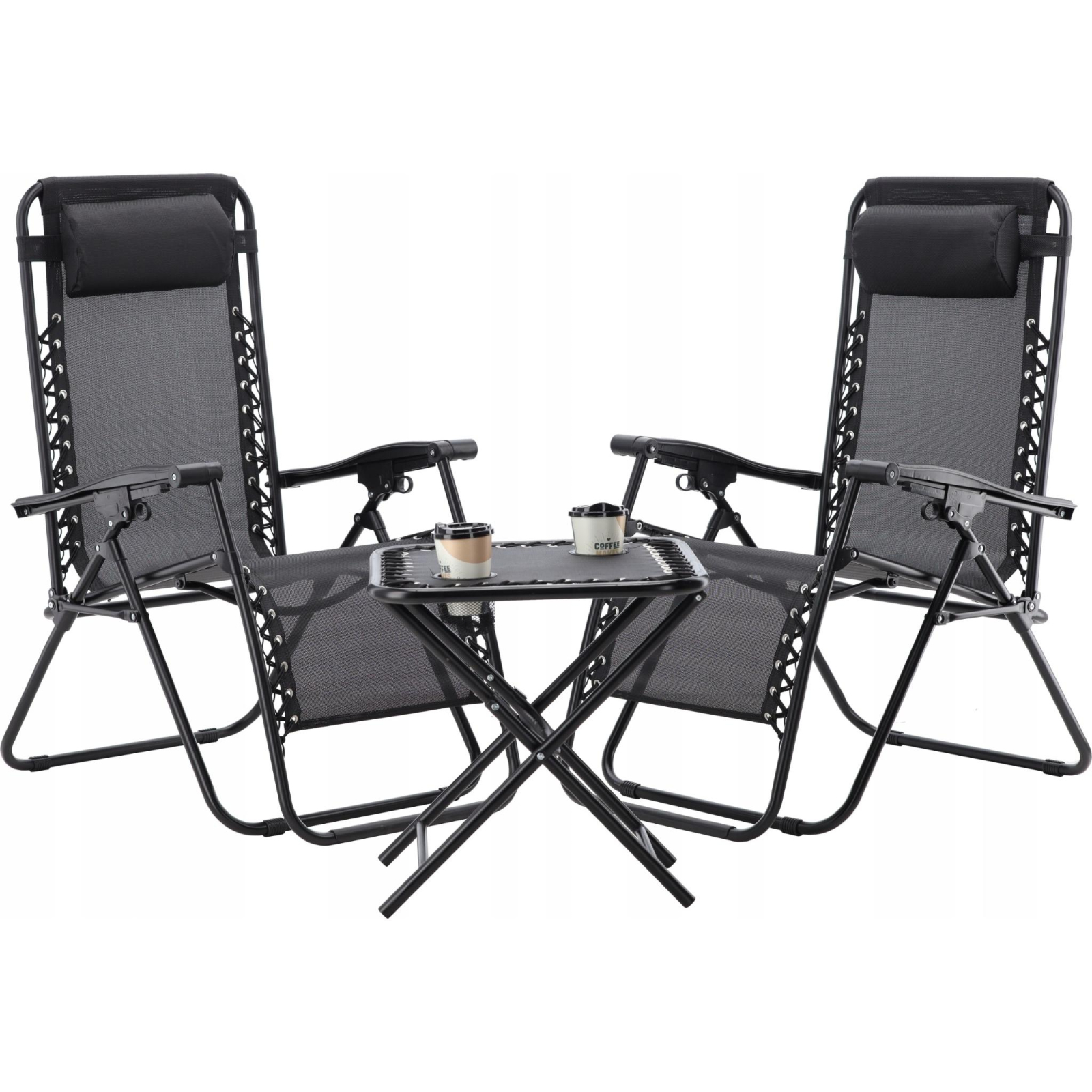 Set 2 sezlonguri pliabile masuta textilene cadru metalic, 90x65x110 cm si 50x50x50 cm, negru