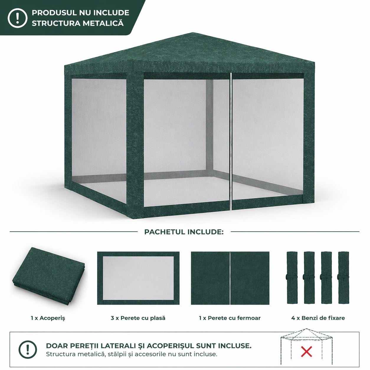 Set 4 pereti pentru pavilion gradina cu plasa tantari si acoperis, material PE 100 g m2, 300x200 cm, verde