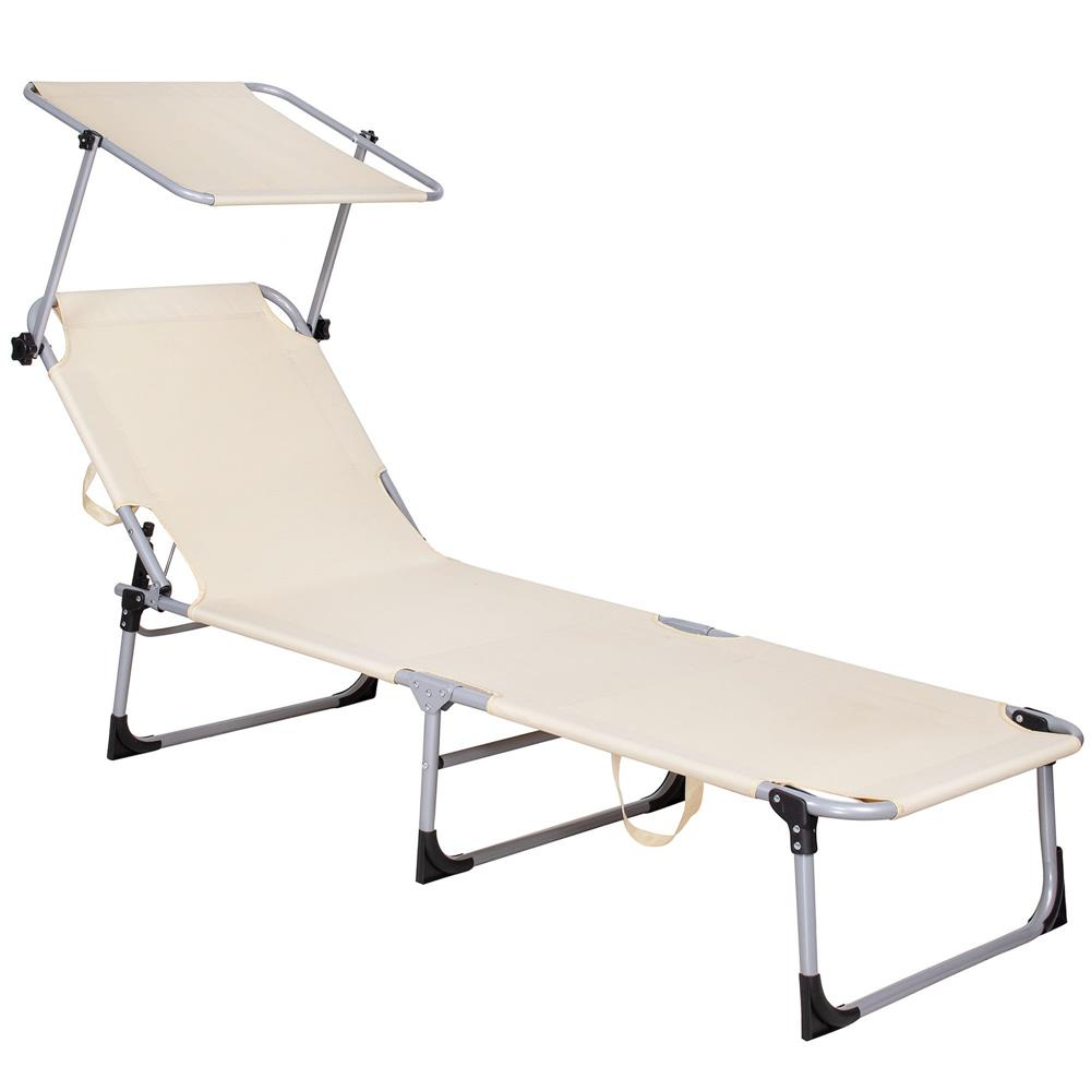 Sezlong pliabil parasolar reglabil 3 pozitii poliester metal, 188x57x38 cm, maxim 120 kg, crem
