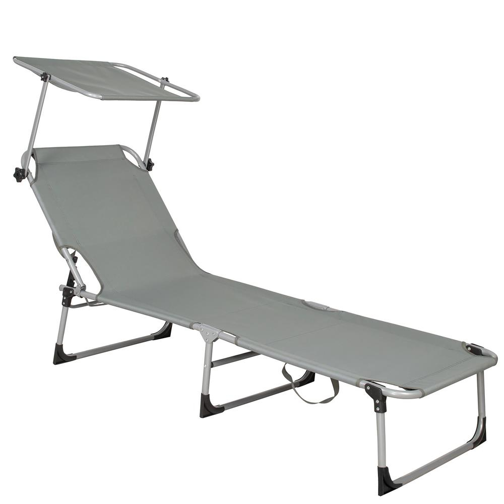 Sezlong pliabil parasolar reglabil 3 pozitii poliester metal, 188x57x38 cm, maxim 120 kg, gri