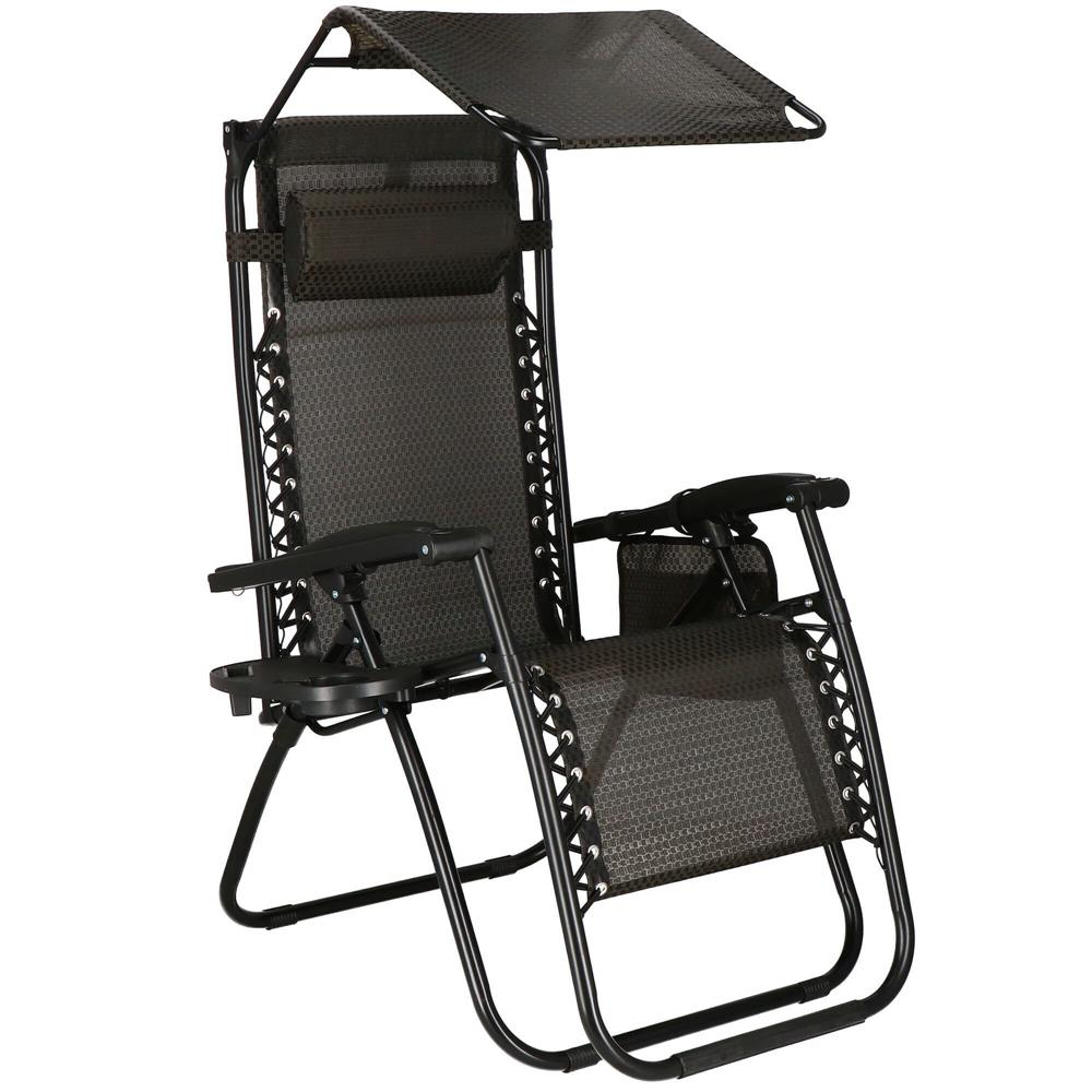 Sezlong pliabil cu parasolar si suport pahare, spatar blocare pozitie, textilene impermeabil, max 130 kg, 77x110x175 cm, maro