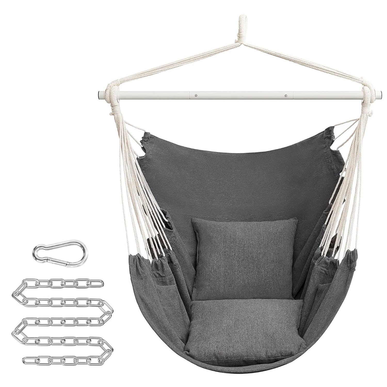 Fotoliu suspendat tip hamac cu 2 perne, lant si carabiniera incluse, 150x128 cm, gri inchis