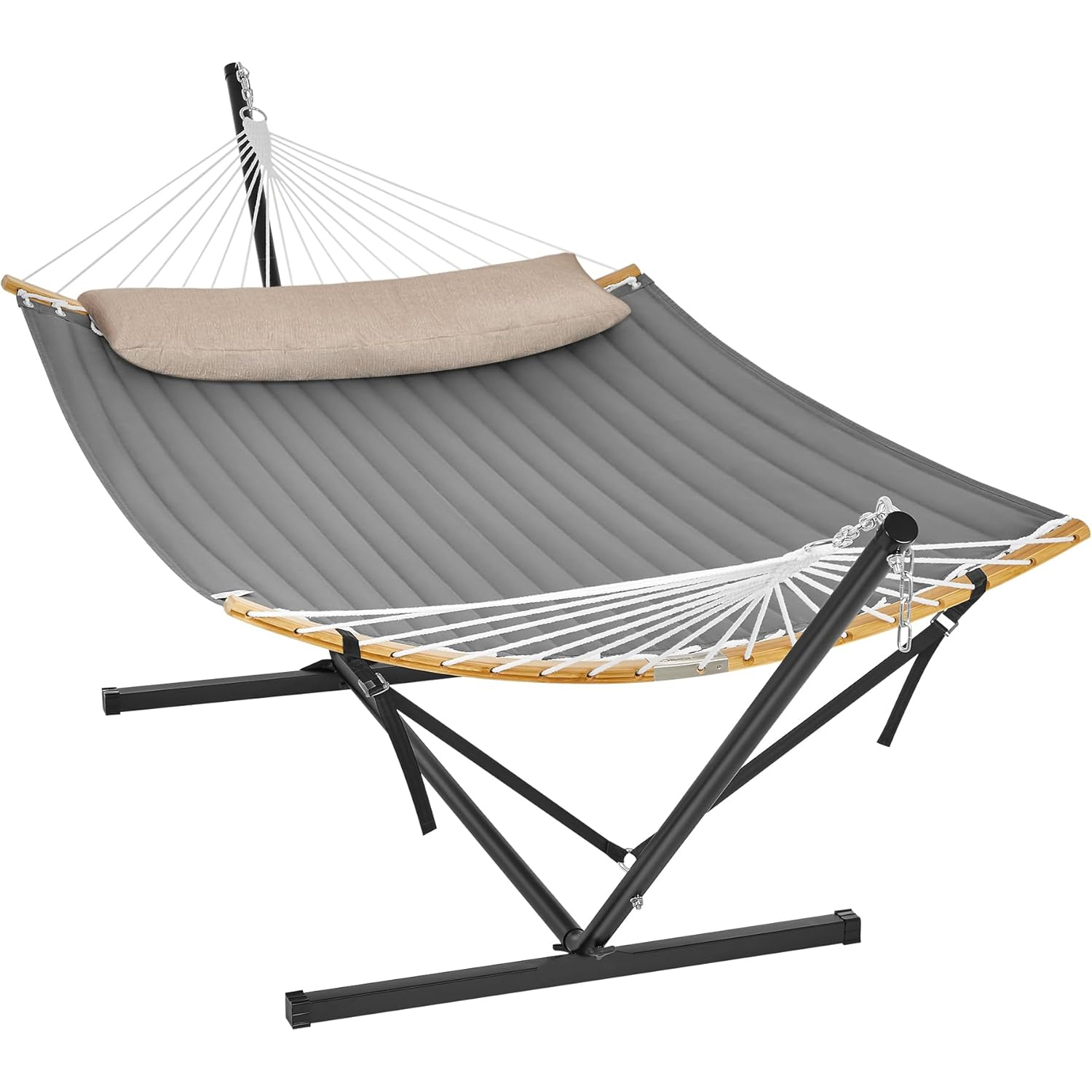 Hamac cu suport metalic, cu suprafata captusita, reglabil, include perna, 200 kg, 300x120x110 cm, gri