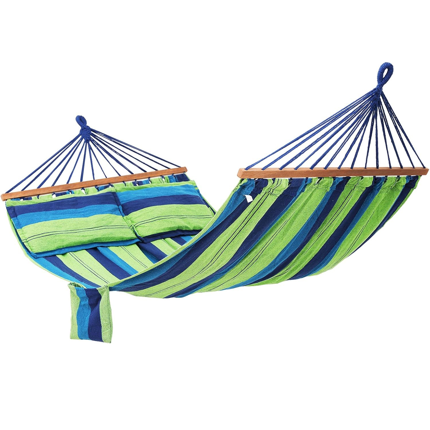Hamac dublu bara lemn perne incluse maxim 300 kg, 210x150 cm, design colorat, verde albastru