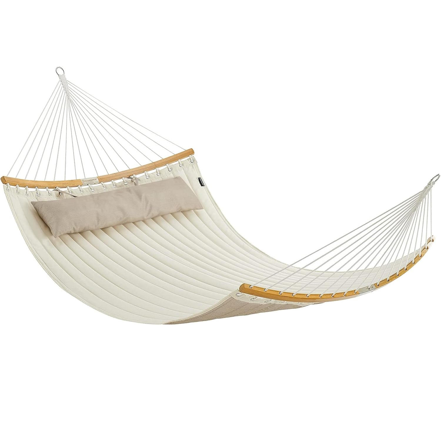 Hamac dublu cu bare curbate din bambus, perna inclusa, maxim 225 kg, 200x140 cm, crem
