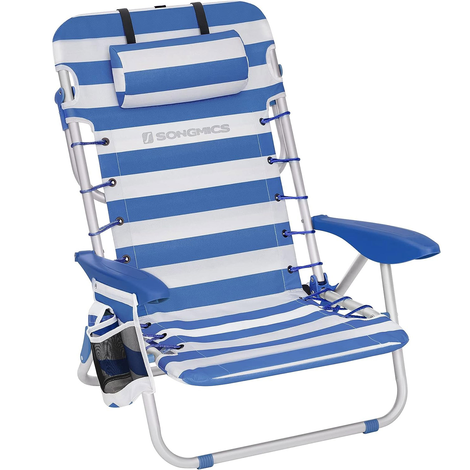 Scaun plaja portabil cu spatar rabatabil 4 pozitii, cadru aluminiu Oxford 600D, max 150 kg, 68x63x75 cm, alb albastru